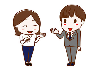 （全身斜め）女性と笑顔で楽しく会話する男子学生