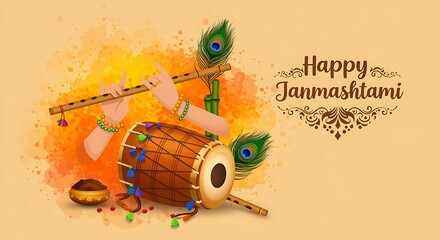 Festive illustration celebrating janmashtami with traditional instruments and peacock feathers