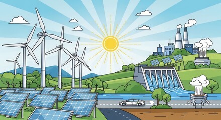 Illustrated Clean Energy Ecosystem with Wind, Solar, Hydro, and Geothermal Power
