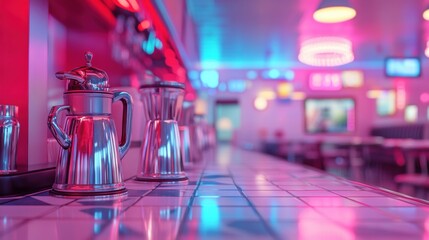 80s diner counter with chrome coffee pots