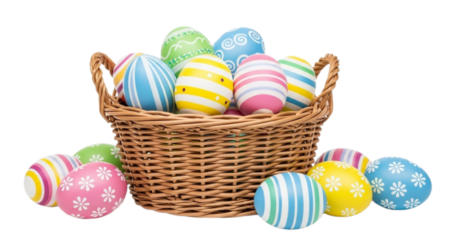 A basket full of colorful easter eggs isolated on transparent background, decorated with various patterns and designs for a festive holiday