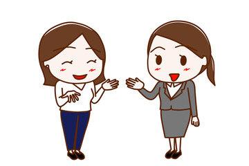 （全身斜め）女性と笑顔で楽しく会話するスーツ姿の女性