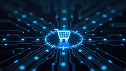 Digital shopping cart icon surrounded by glowing circuit lines, representing e commerce and technology integration