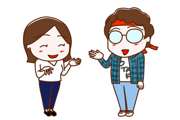 （全身斜め）女性と笑顔で楽しく会話するメガネをかけたオタク