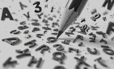 Pencil tip surrounded by scattered letters and numbers