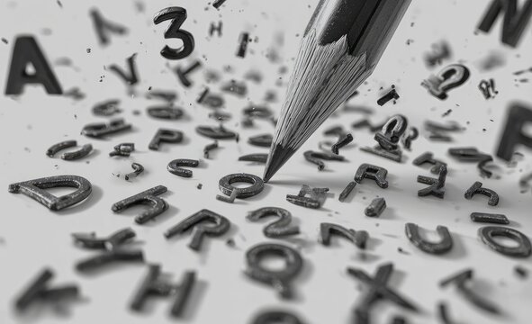 Pencil tip surrounded by scattered letters and numbers