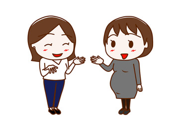（全身斜め）女性と笑顔で楽しく会話する妊婦