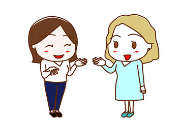 （全身斜め）女性と笑顔で楽しく会話する白人女性