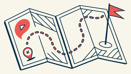 Illustration of a folded map with a dotted path leading to a flag and location markers shown