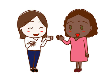 （全身斜め）女性と笑顔で楽しく会話するアフリカ系女性