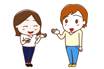 （全身斜め）女性と笑顔で楽しく会話する白人男性