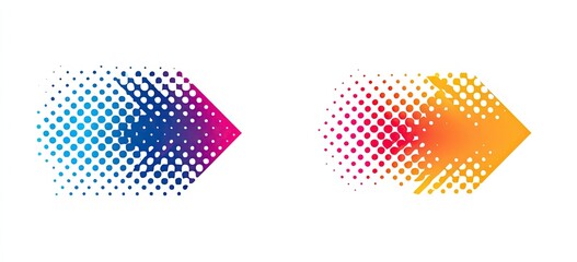 Two abstract arrow shapes, created with a halftone or dotted gradient effect, in different color palettes