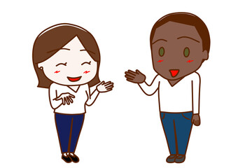 （全身斜め）女性と笑顔で楽しく会話するアフリカ系男性