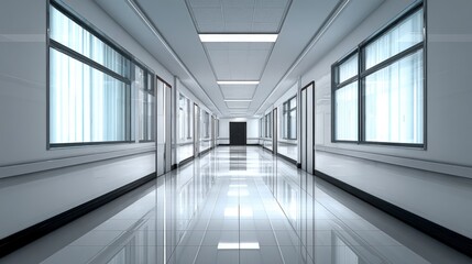 Obraz premium Clean, Modern Hospital Hallway with Natural Light from Windows and Shiny Floors