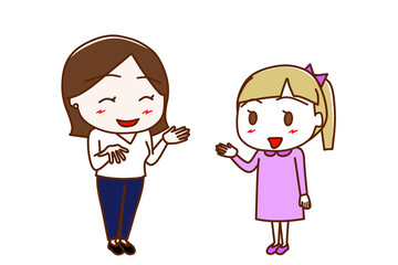 （全身斜め）女性と笑顔で楽しく会話する白人少女