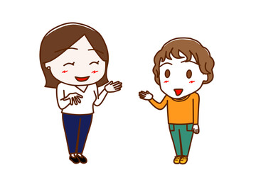 （全身斜め）女性と笑顔で楽しく会話する白人少年