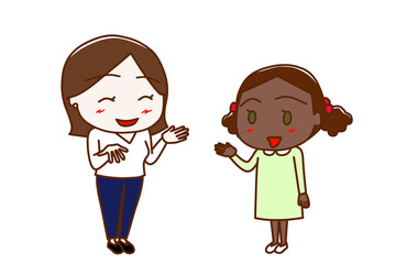 （全身斜め）女性と笑顔で楽しく会話するアフリカ系少女