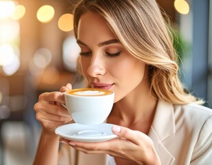 Woman Drinking Coffee at a Cafe