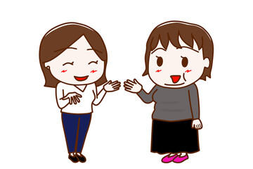 （全身斜め）女性と笑顔で楽しく会話する太った女性