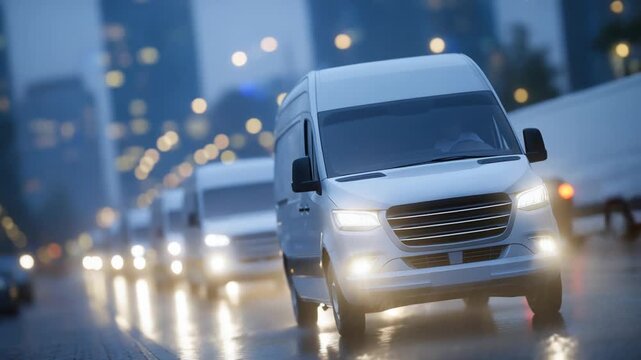 A fleet of white vans lines a rain-soaked street, their headlights glowing in the dusk fog, epitomizing urban logistics.