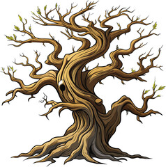 Ancient gnarled oak tree with twisted branches and textured bark