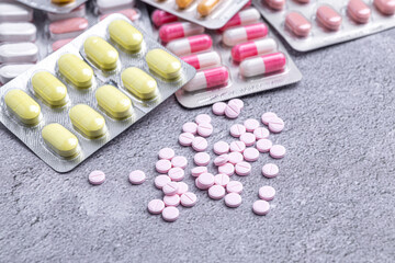 Variety of medicines and drugs.Medicine and healthcare concept.Variety of medicines and...
