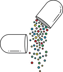 Open capsule with colorful granules on a clean white background