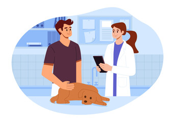 Vet clinic. Vet doctor curing cute dog. Veterinary, Healthcare, medicine treatment concept. Flat vector illustration.