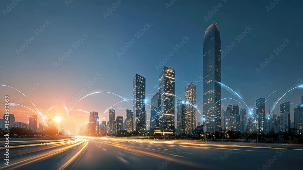 Poster modern cityscape at dusk with light trails and communication network visualization for business and 