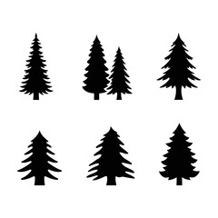 Obraz premium Vector art of six black silhouette icons of pine and fir trees in various shapes and sizes isolated on white background