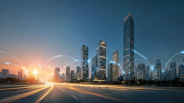 Modern Cityscape at Dusk with Light Trails and Communication Network Visualization for Business and Technology