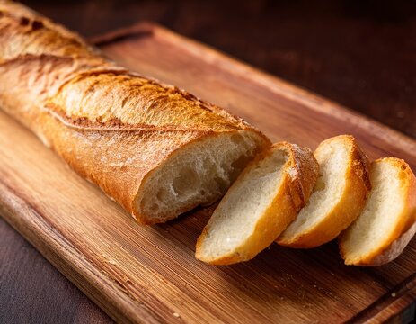 a baguette with a slice cut off is on a wooden board freshly baked bread food concept