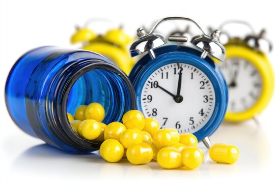 Pill bottle and alarm clocks on white background