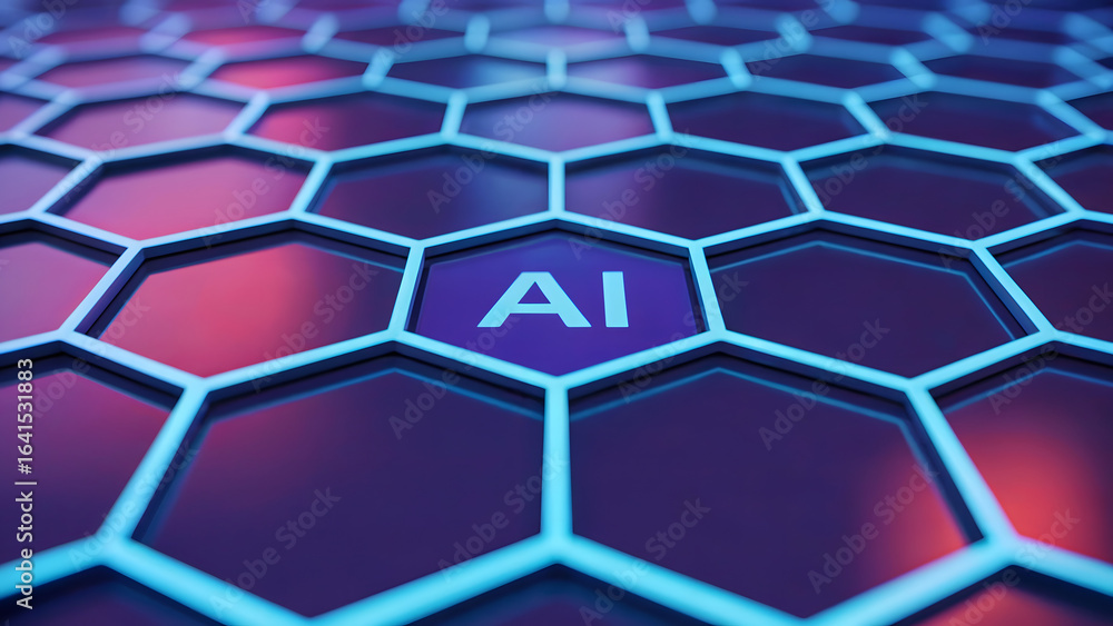 Poster a glowing ai symbol at the center of a futuristic honeycomb grid, representing artificial intelligen