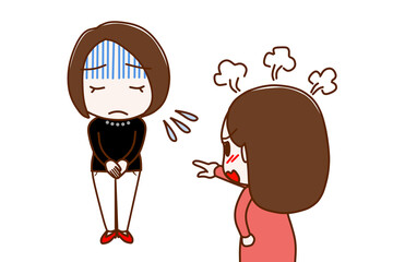 （複数）真っ青になって謝罪する女性とカンカンに怒りながら怒鳴り責める女性