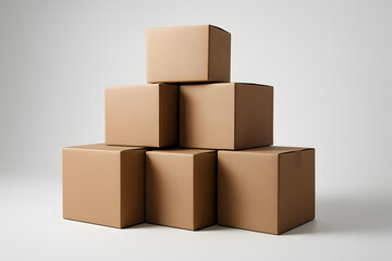 Obraz premium Cardboard boxes stacked pyramid: Six stacked cardboard boxes create a stable and structured pyramid arrangement, hinting at the journey of goods and the strength of logistics.