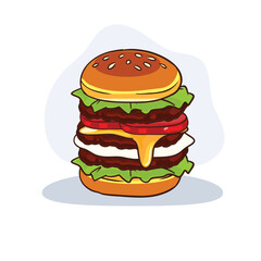stacked burger with lettuce tomato cheese egg and beef patties cartoon illustration