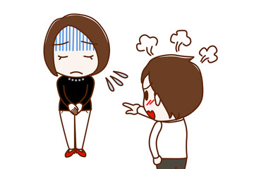 （複数）真っ青になって謝罪する女性とカンカンに怒りながら怒鳴り責める男性