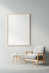 Large blank picture mockup against clean light grey wall on concrete floor