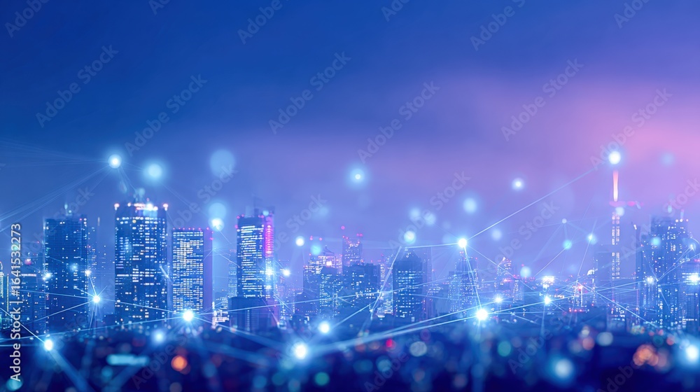 Poster futuristic cityscape at night with connected network visualization representing digital connectivity
