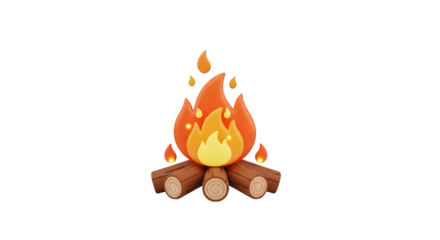 A stylized 3d illustration of a campfire with bright orange flames and glowing embers, isolated on transparent background