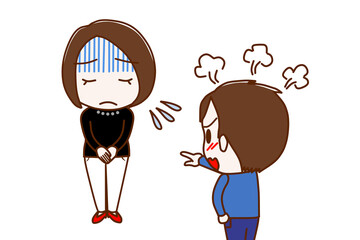 （複数）真っ青になって謝罪する女性とカンカンに怒りながら怒鳴り責める少年