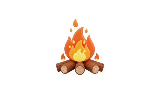 A stylized 3d illustration of a campfire with bright orange flames and glowing embers, isolated on transparent background
