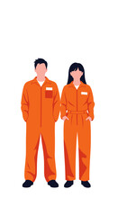 Two individuals wearing orange coveralls standing together as a team