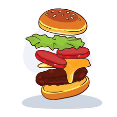 delicious stacked burger with tomato slices lettuce and grilled patty food vector design