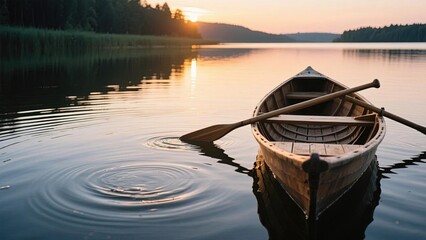 A wooden canoe rests on calm waters at sunset, surrounded by serene forest and distant hills.