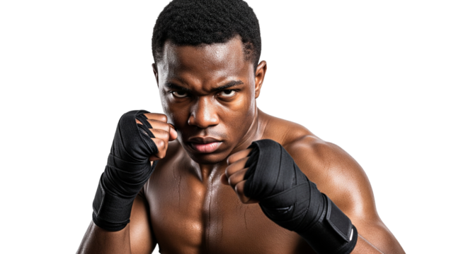 Athletischer schwarzer Mann boxt, transparenter Hintergrund, PNG
