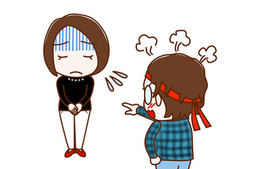 （複数）真っ青になって謝罪する女性とカンカンに怒りながら怒鳴り責めるメガネをかけたオタク