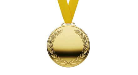 Golden medal with yellow ribbon isolated on transparent background representing victory, achievement, and recognition of excellence in competition