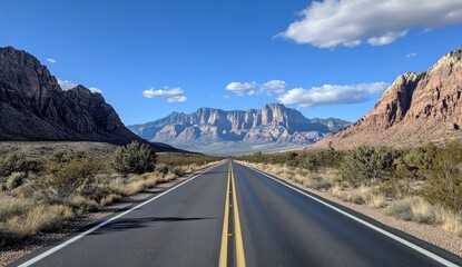 Fototapeta premium A scenic highway winds through a desert landscape towards majestic red rock mountains under a vibrant blue sky.